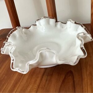 Vintage Fenton Silver Crest Milk Glass Ruffled Bowl Candy Dish